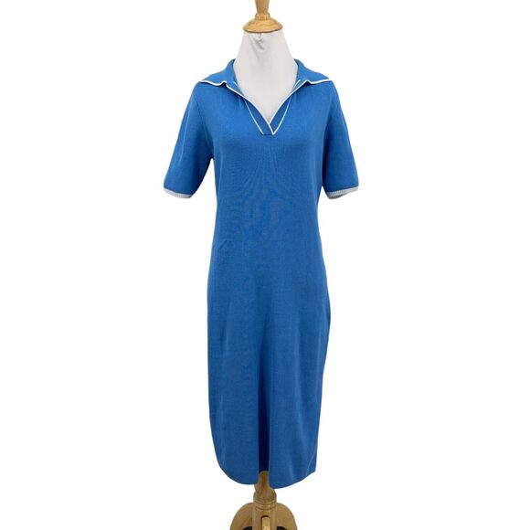 Saks Fifth Avenue Dress Womens M Medium Blue Short Sleeve Polo Collar Trim Midi - Picture 1 of 15